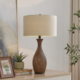 Vella Modern Wood Ribbed MCM Table Lamp with Linen Drum Shade