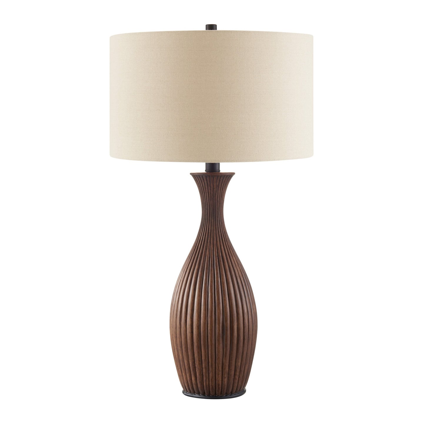 Vella Modern Wood Ribbed MCM Table Lamp with Linen Drum Shade