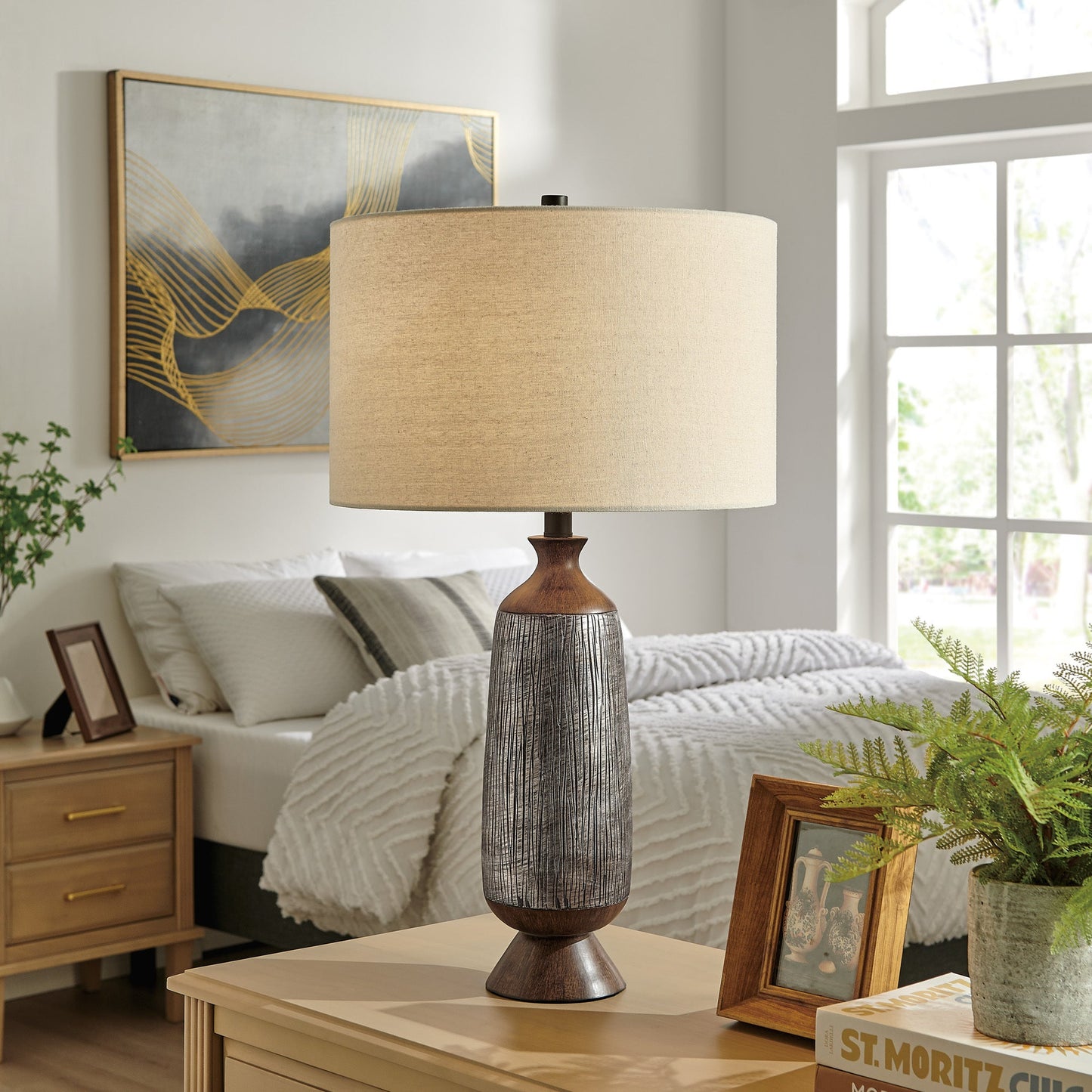 Panos Modern Wood Textured Table Lamp with Linen Drum Shade by Lite Source