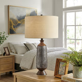 Panos Modern Wood Textured Table Lamp with Linen Drum Shade by Lite Source