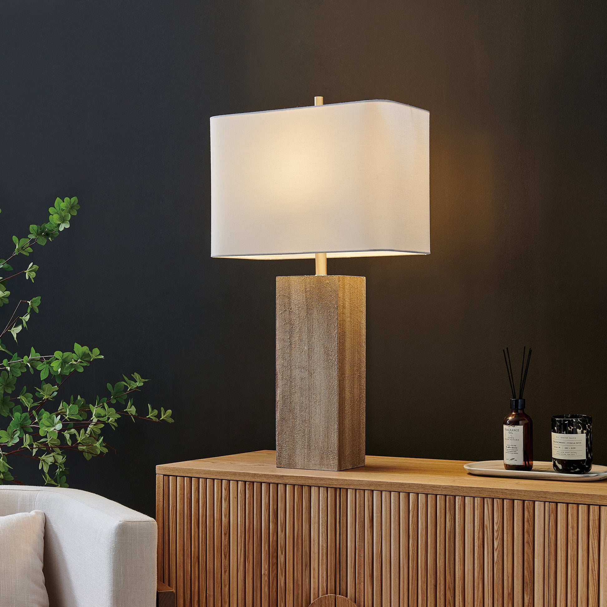 Mulder Square Chunky Modern Wood MCM Table Lamp with Linen Shade by Lite Source