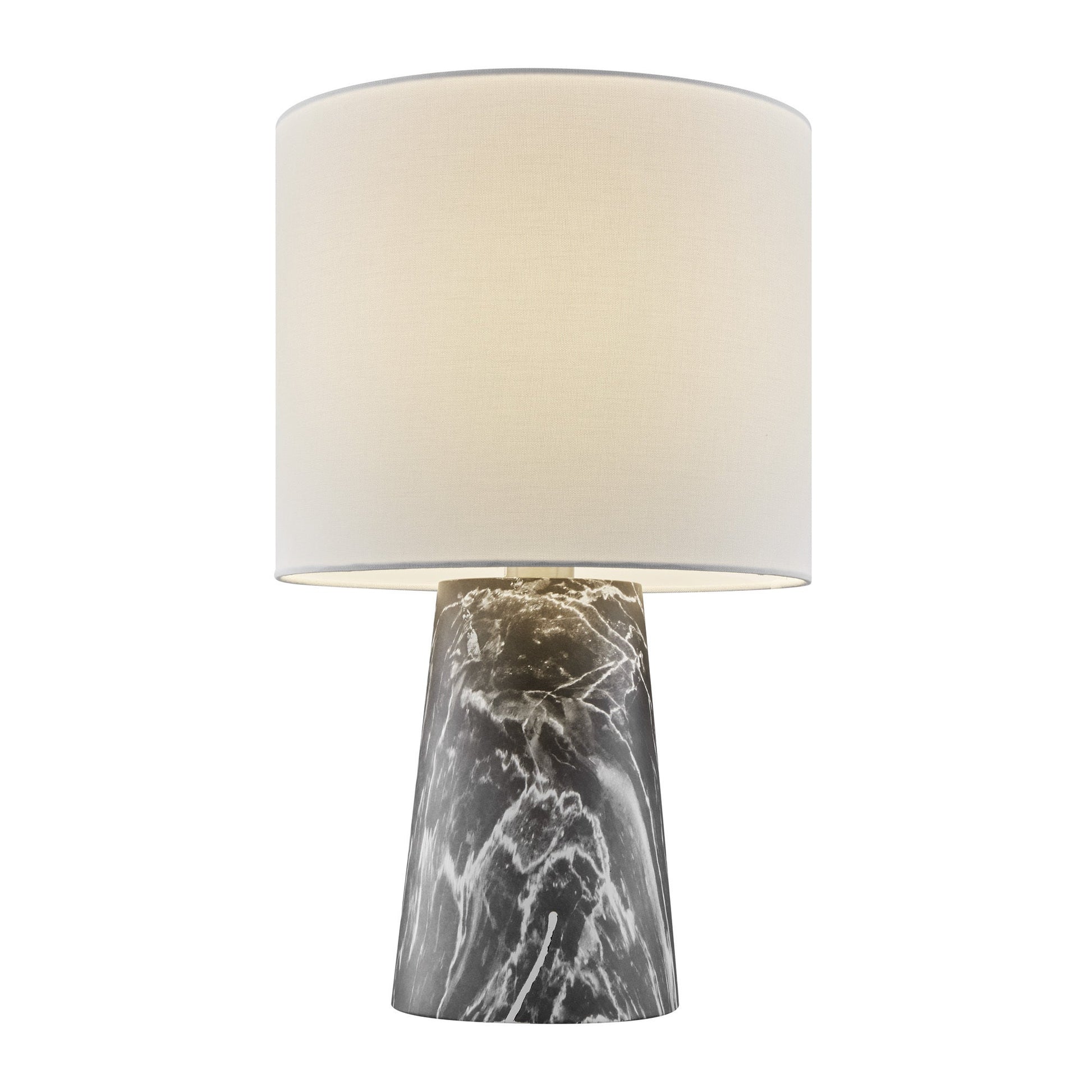 Granville Mini Retro MCM Black Marble & Birch Wood Table Lamp with Linen Drum Shade
