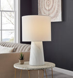 Granville Mini Retro MCM Black Marble & Birch Wood Table Lamp with Linen Drum Shade