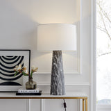 Granville Retro MCM Black Marble & Birch Wood Table Lamp with Linen Drum Shade