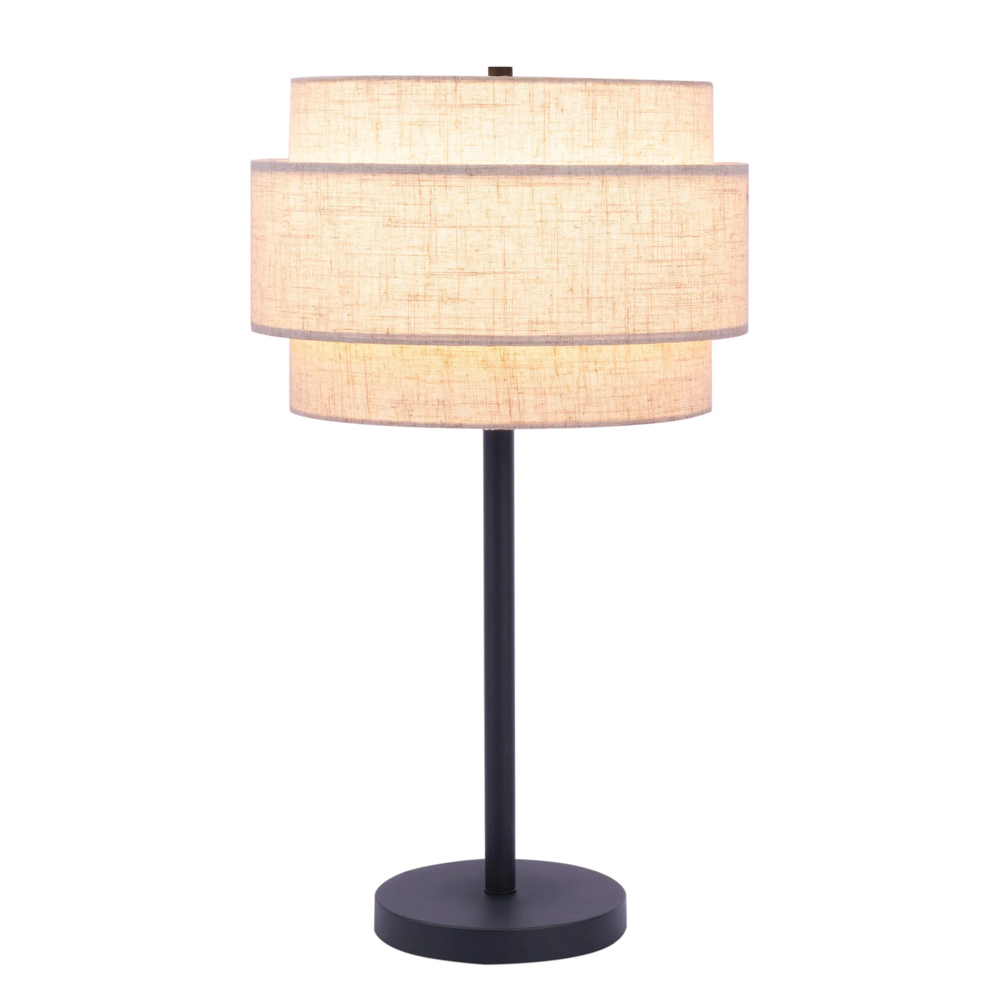 Deena Black Metal Table Lamp with Retro Tiered Off-White Linen Drum Shade