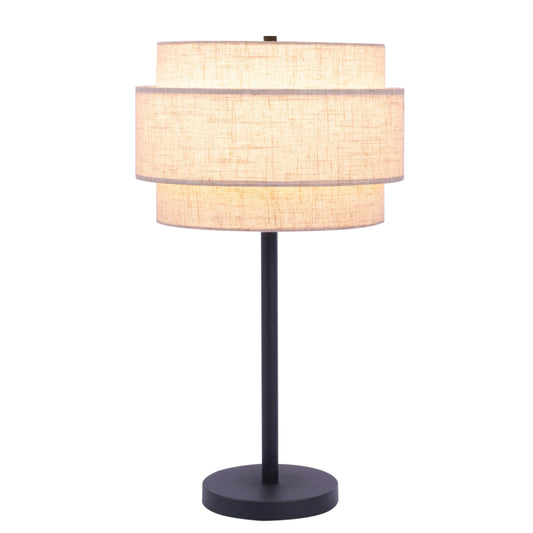 Deena Black Metal Table Lamp with Retro Tiered Off-White Linen Drum Shade