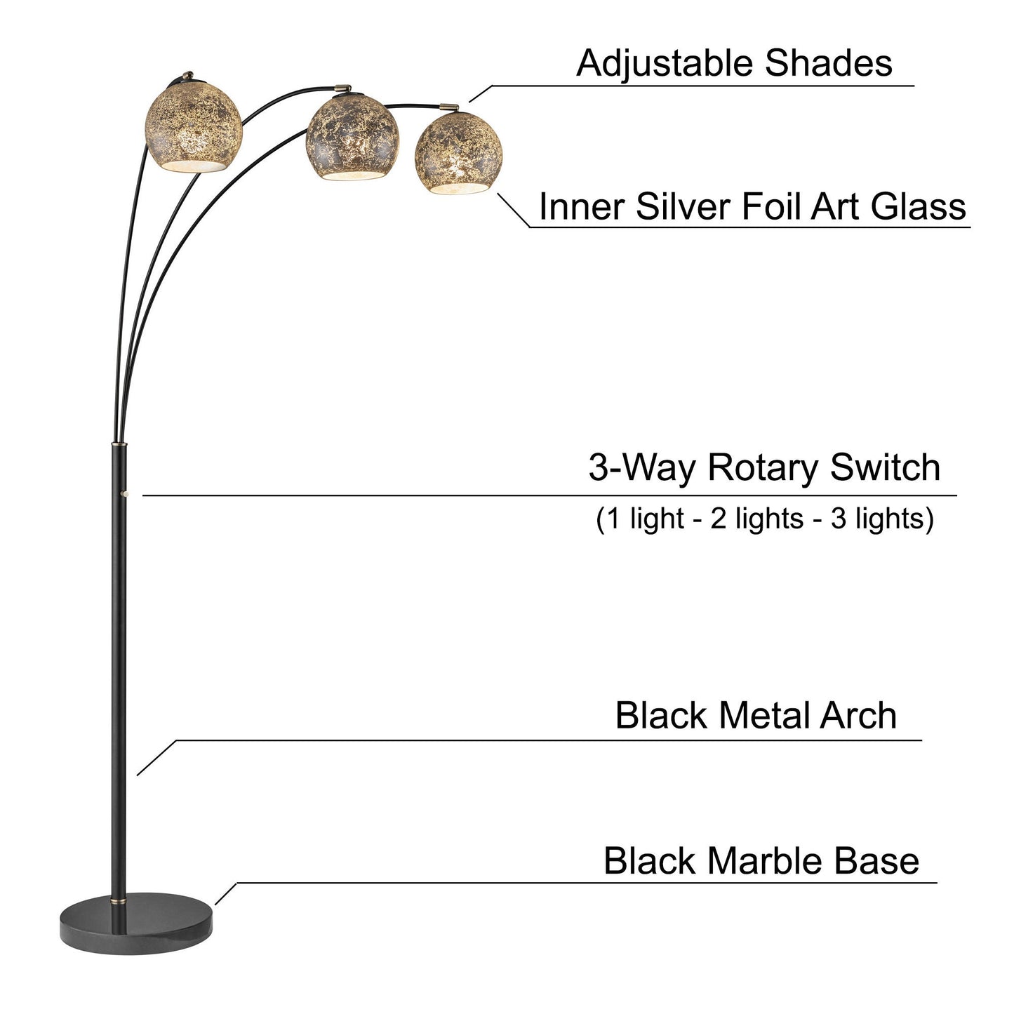 Molina Black Metal & Silver Metallic Mercury Glass 3-Light Modern Arc Floor Lamp