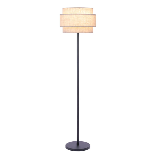 Deena Black Metal Floor Lamp with Retro Tiered White Linen Drum Shade