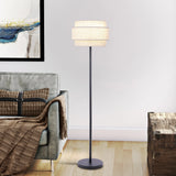 Deena Black Metal Floor Lamp with Retro Tiered White Linen Drum Shade