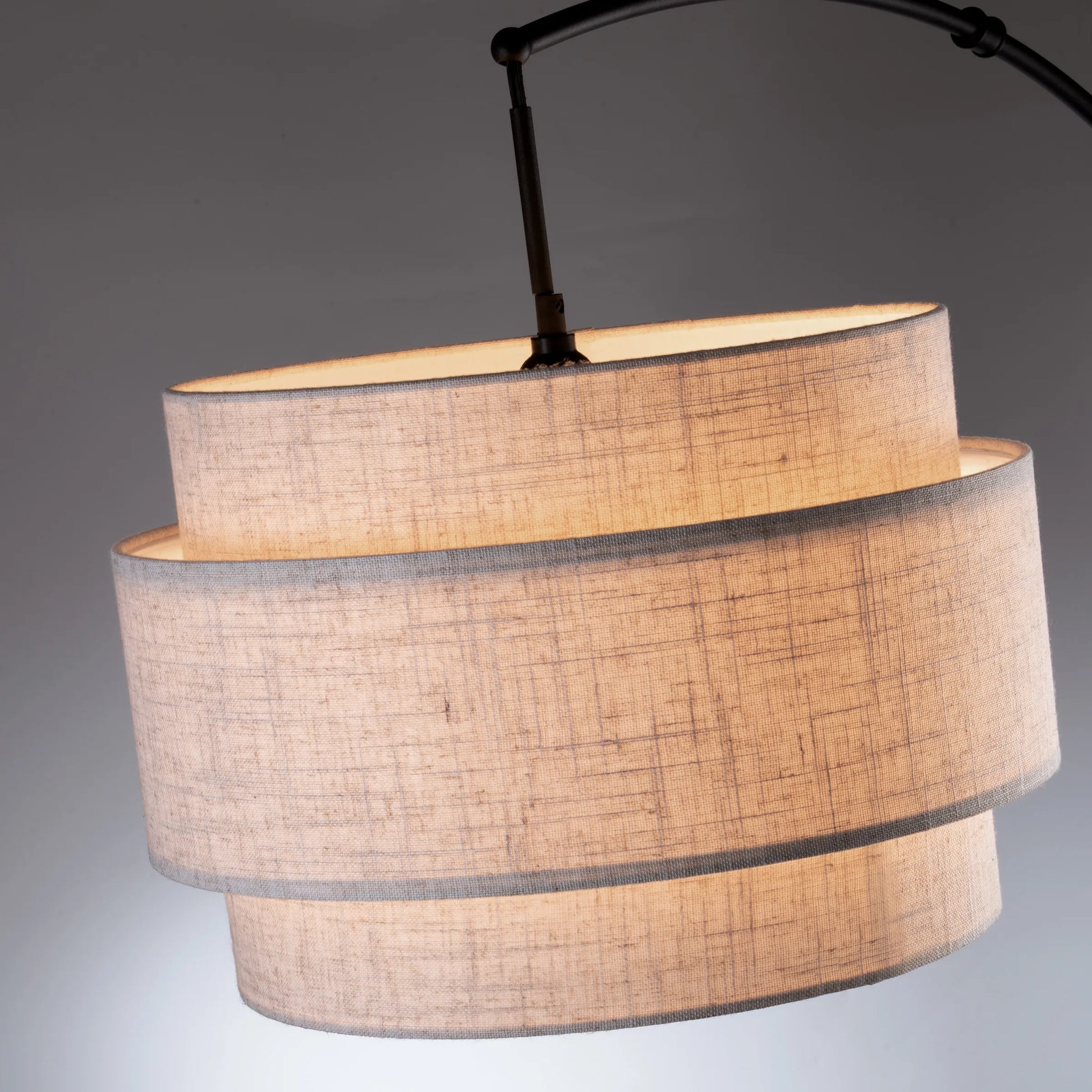 Deena Matte Black Metal Arc Floor Lamp with Retro Tiered White Linen Drum Shade
