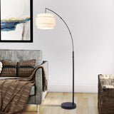 Deena Matte Black Metal Arc Floor Lamp with Retro Tiered White Linen Drum Shade