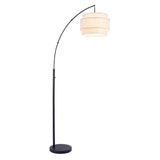 Deena Matte Black Metal Arc Floor Lamp with Retro Tiered White Linen Drum Shade