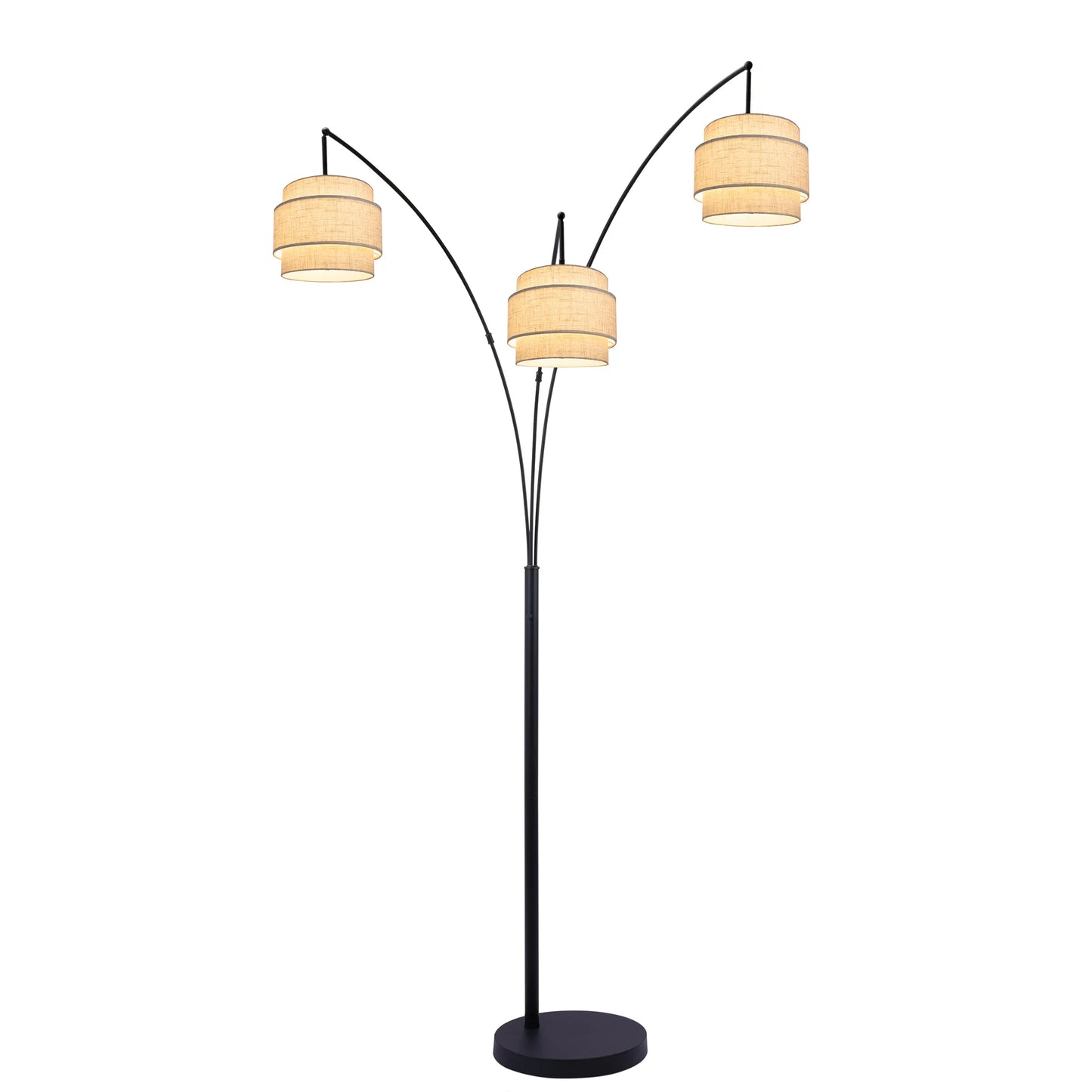 Deena Matte Black Metal 3-Light Arc Floor Lamp with Retro Tiered White Linen Drum Shade