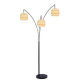 Deena Matte Black Metal 3-Light Arc Floor Lamp with Retro Tiered White Linen Drum Shade
