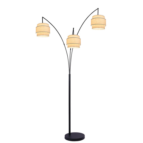Deena Matte Black Metal 3-Light Arc Floor Lamp with Retro Tiered White Linen Drum Shade