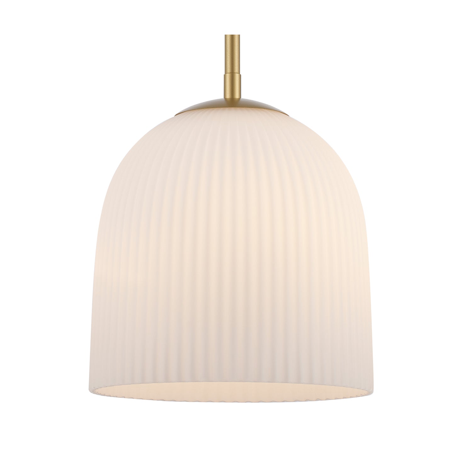 Skyline 12" Ribbed Opal White Dome Glass Globe 1-Light Pendant Fixture in Modern Brass