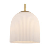 Skyline 12" Ribbed Opal White Dome Glass Globe 1-Light Pendant Fixture in Modern Brass