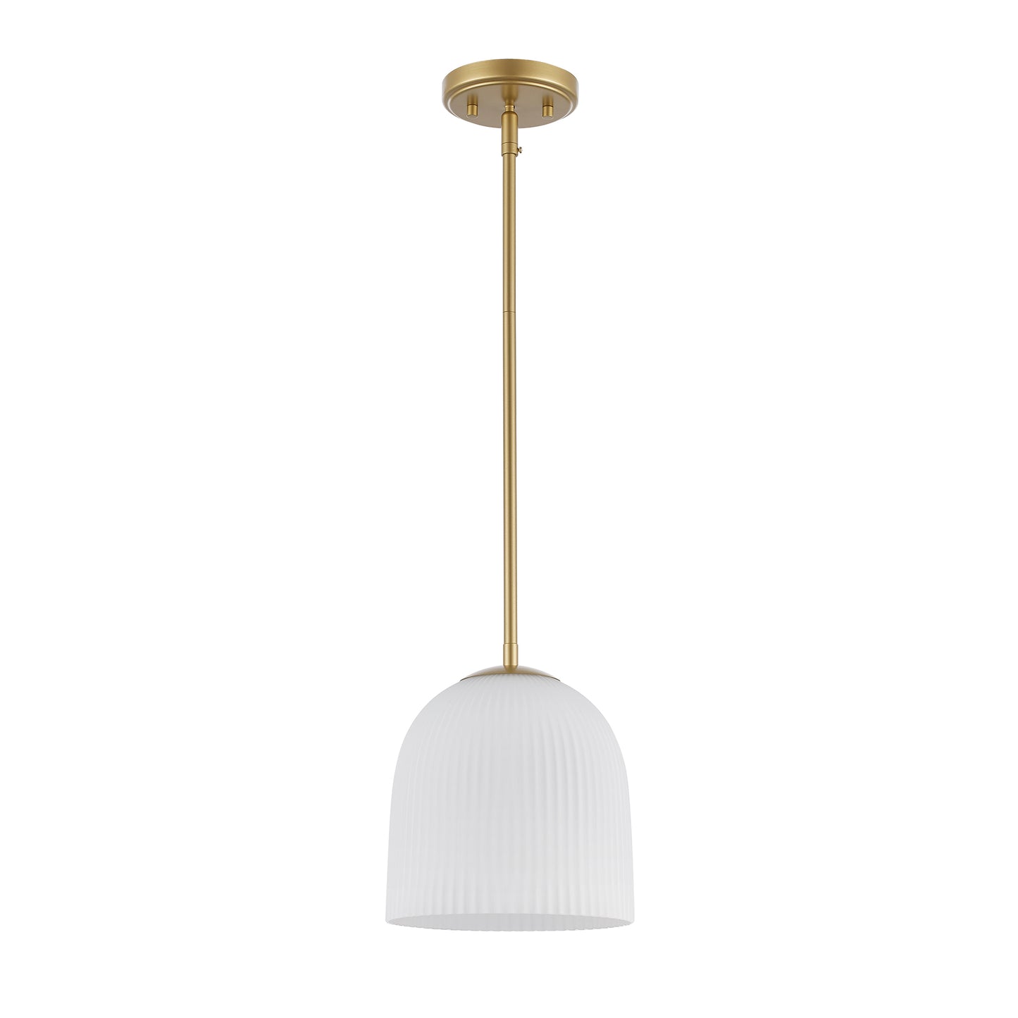 Skyline 12" Ribbed Opal White Dome Glass Globe 1-Light Pendant Fixture in Modern Brass