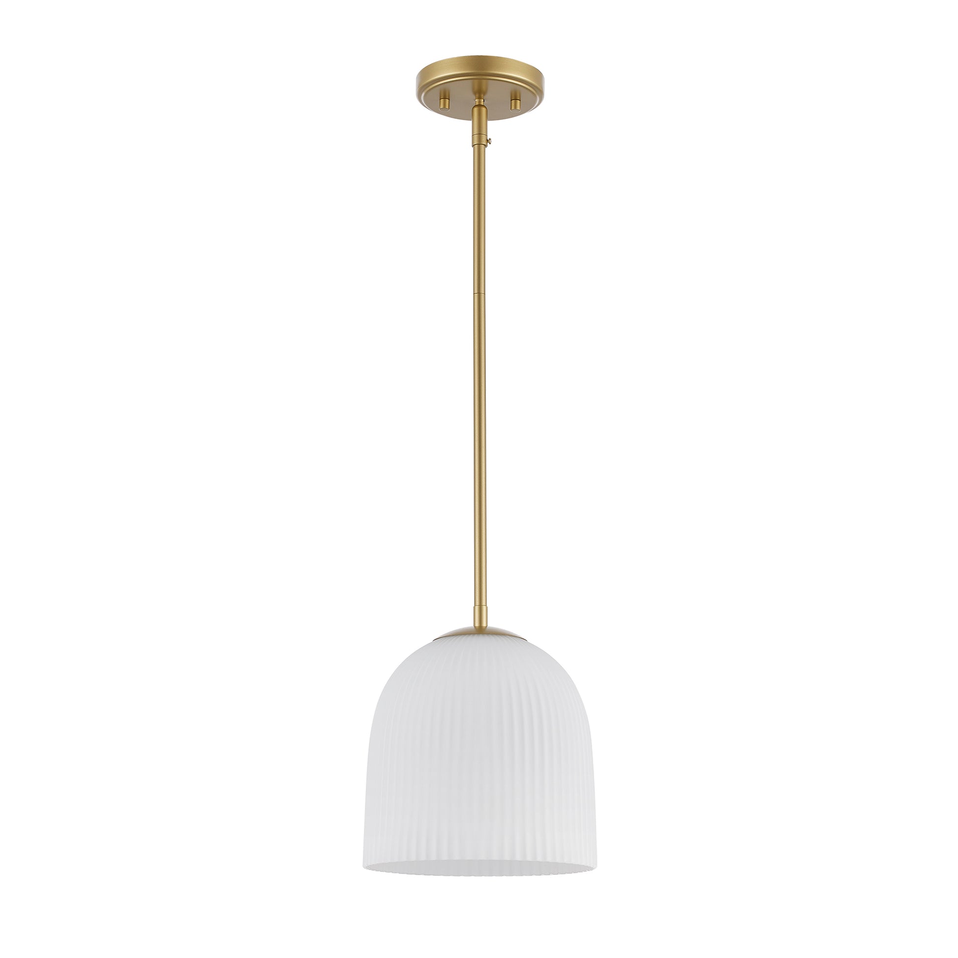 Skyline 12" Ribbed Opal White Dome Glass Globe 1-Light Pendant Fixture in Modern Brass