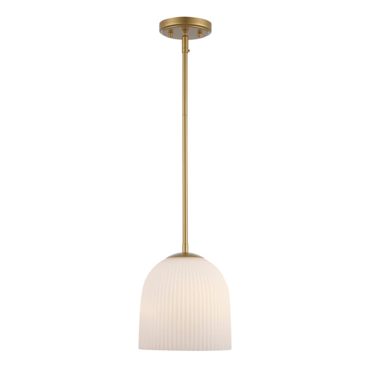 Skyline 12" Ribbed Opal White Dome Glass Globe 1-Light Pendant Fixture in Modern Brass