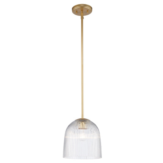 Meadow 12" Ribbed Clear Glass Dome 1-Light Pendant Fixture in Modern Brass