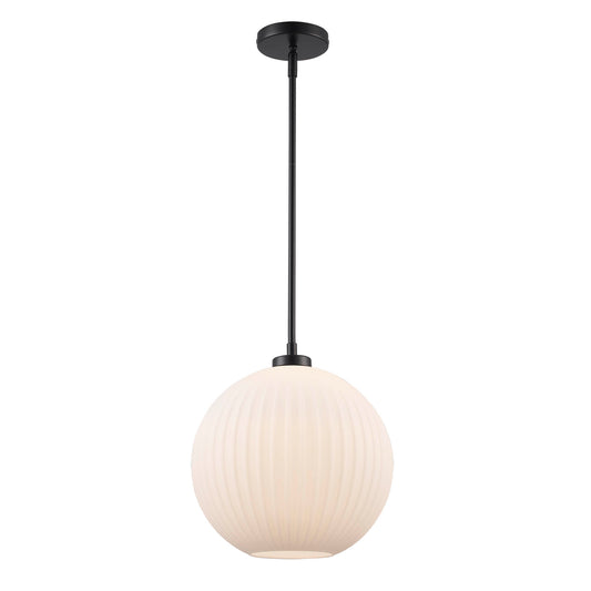 Skyline 12 Large Ribbed Glass Globe 1-Light Pendant Fixture in Modern Brass or Satin Black