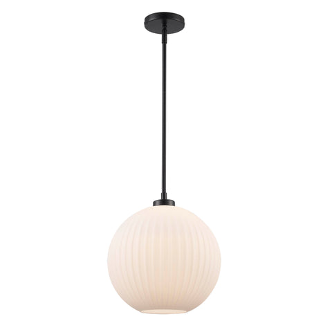 Skyline 12 Large Ribbed Glass Globe 1-Light Pendant Fixture in Modern Brass or Satin Black