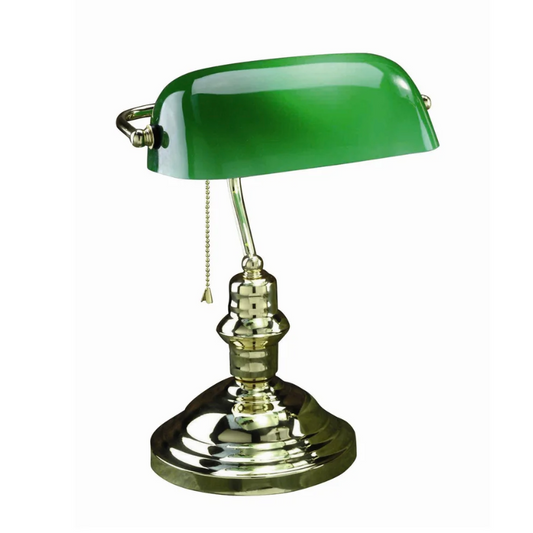 Traditional Brass Banker Cased Glass Desk Lamp in Brass