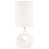Penonic Modern White Ceramic + Brass Table Lamp with Linen Drum Shade by Mitzi