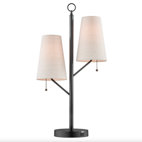 Linnea Modern 2-Light Black Retro Desk or Table Lamp with Linen Shades