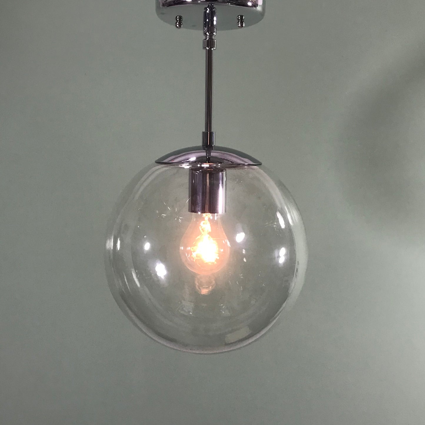 Mid Century Modern 10" Clear Glass Globe Pendant in Polished Chrome