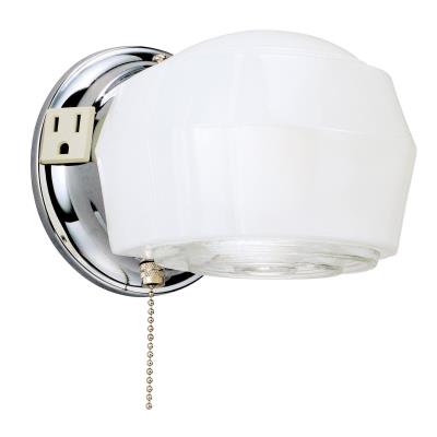 1-Light White Frosted and Clear Crystal Glass Retro Utility Vanity Wall Sconce w/ Outlet and Pull-Chain
