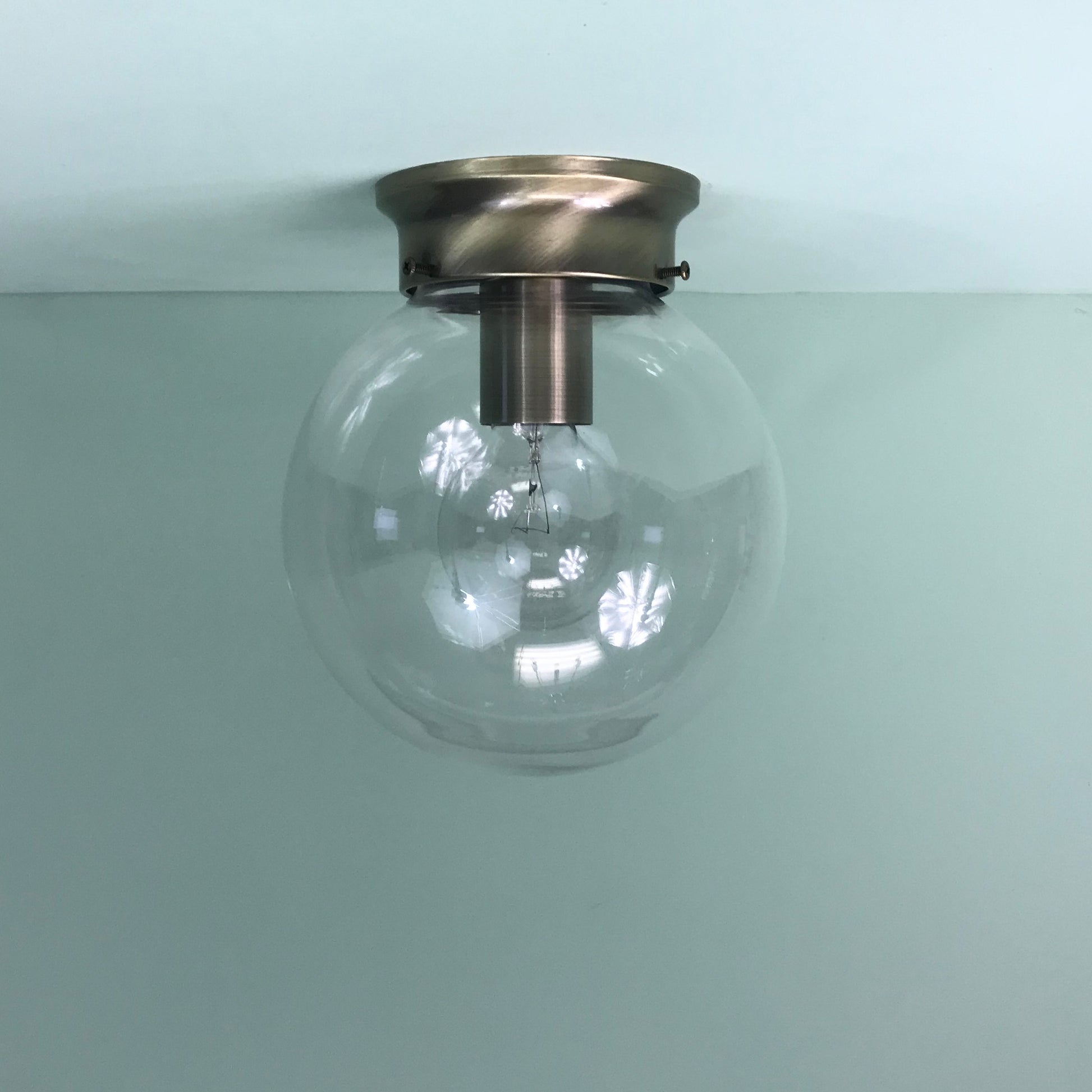 Modern 8" Clear Glass Globe Flush Mount Fixture with Antique Brass Hardware