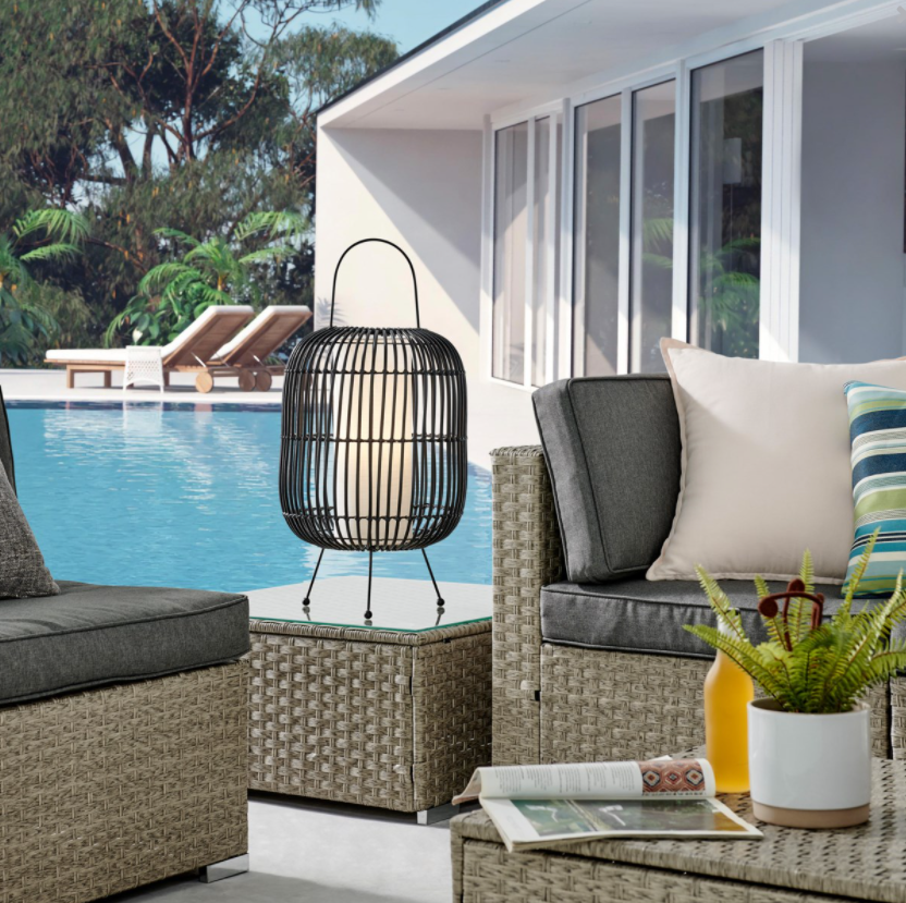 Clement Rattan Outdoor Lantern in Black - Waterproof, Rechargeable and Dimmable LED Lamp - Midcentury Modern Lighting by Practical Props