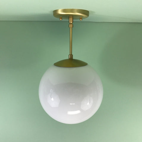 Mid Century Modern 10" Opal Glass Globe Pendant Light Satin Brass