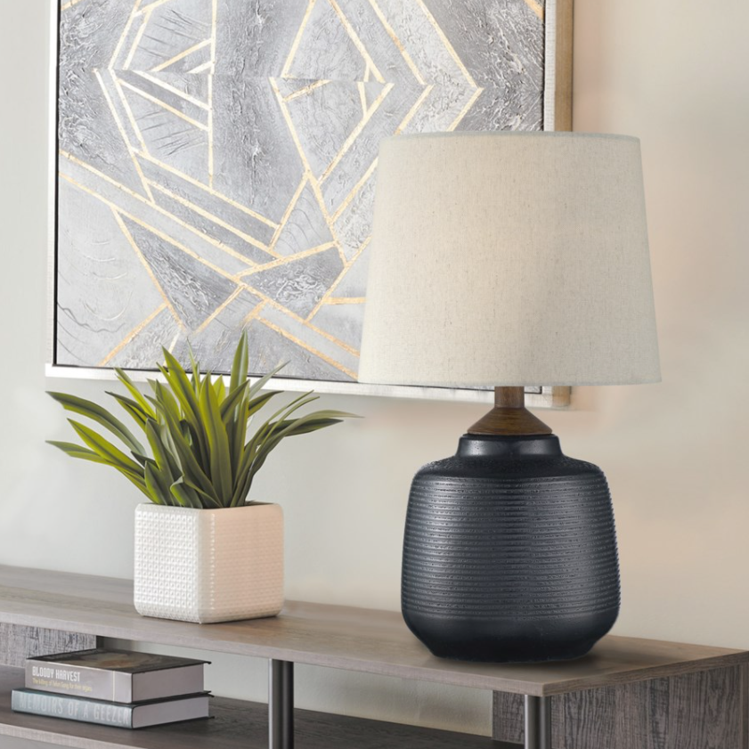 Lismore Retro Bronze Ceramic Table Lamp with Linen Shade by Lite Source