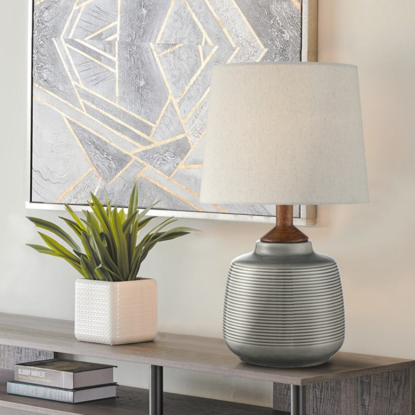 Lismore Retro Gray Ceramic Table Lamp with Linen Shade by Lite Source