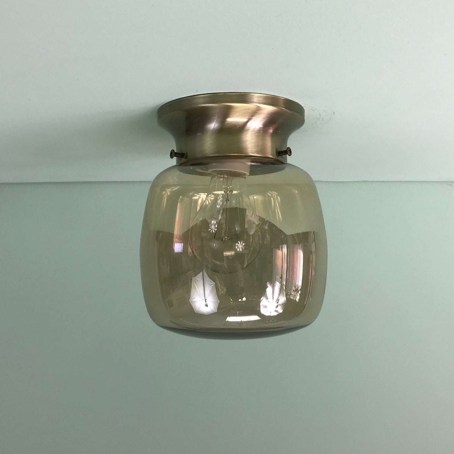 Retro Smoked Glass Flush Mount Light Fixture in Antique Brass