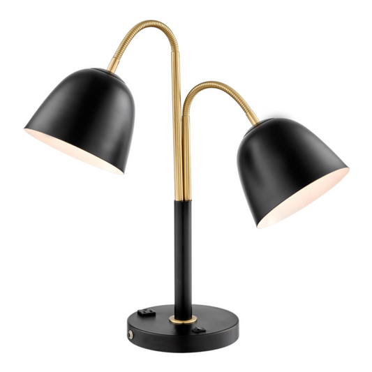 Stark Black & Brass Modern Adjustable Gooseneck 2 Light Table Lamp