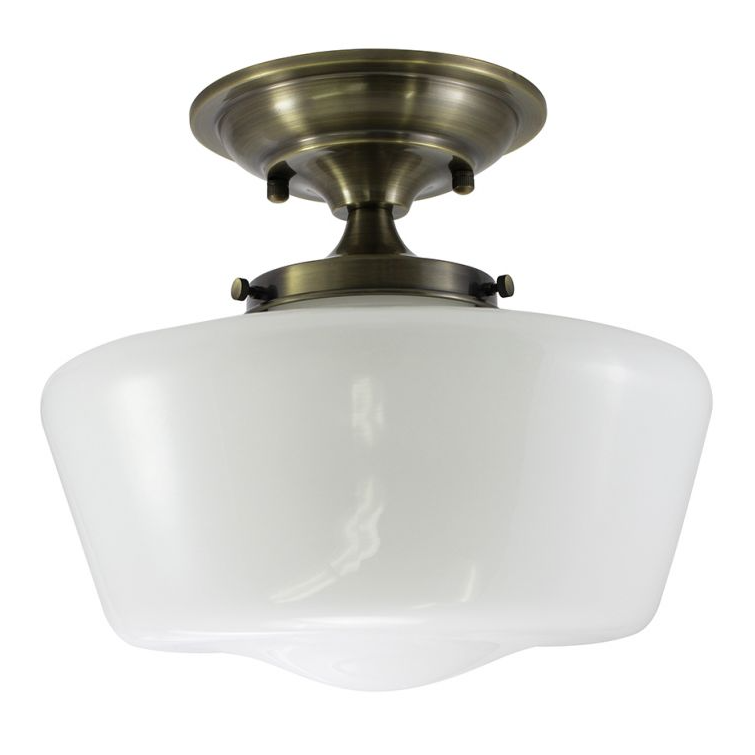 12" Opal Glass Schoolhouse Semi-Flush Mount Fixture by Practical Props - Antique Brass