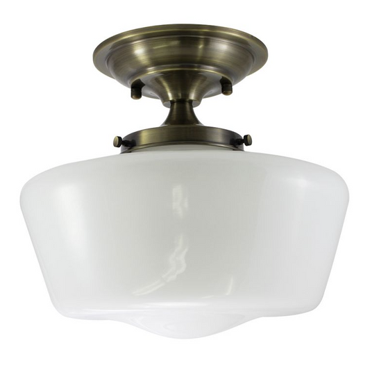 12" Opal Glass Schoolhouse Semi-Flush Mount Fixture by Practical Props - Antique Brass