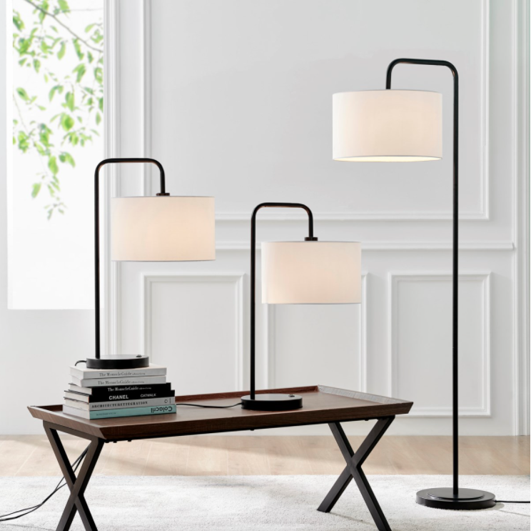 Orea Modern Minimalist Table + Floor Lamp Set - Black Lamps w/ Off-White Drum Shades
