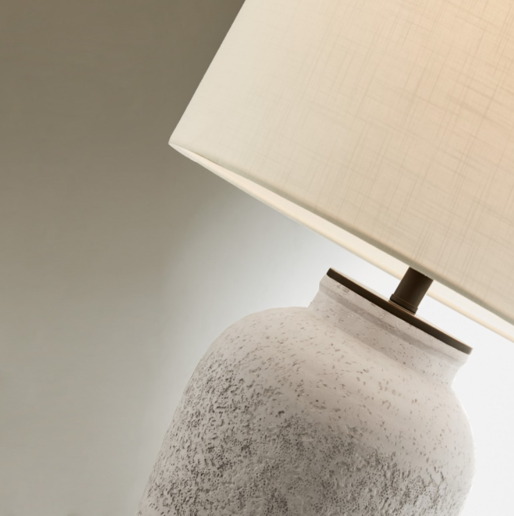 Claudine Cement Outdoor Table Lamp with Linen Drum Shade - Rechargeable LED Wireless Lamp