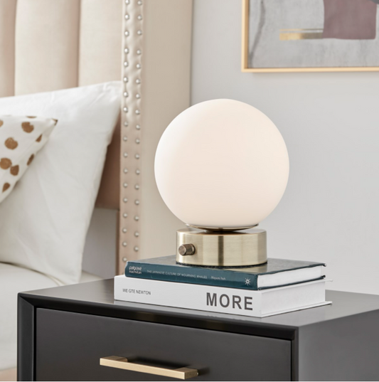 Reon Brushed Brass Modern Globe Table Lamp - White Frosted Globe Accent Lamp 