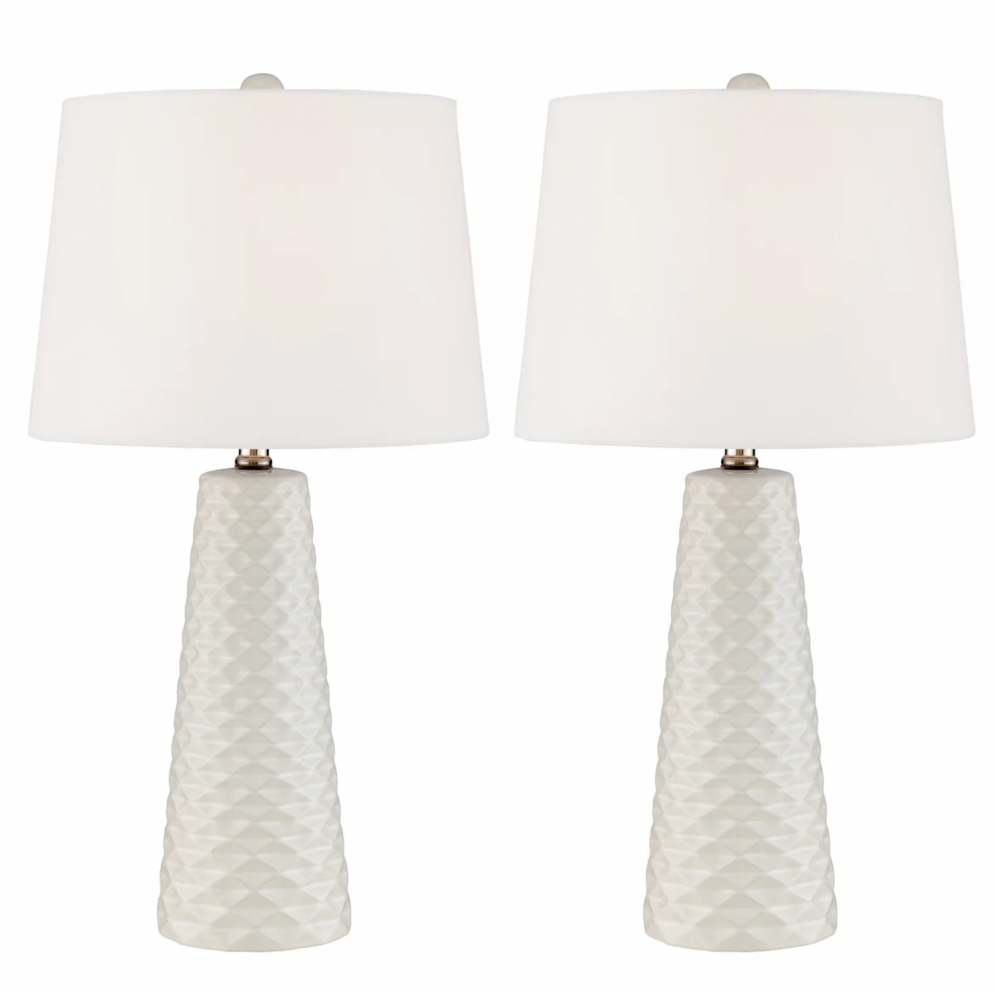 Pair of Retro Midcentury Modern White Ceramic Table Lamps with Shades