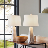 Pair of Retro Midcentury Modern White Ceramic Table Lamps with Shades