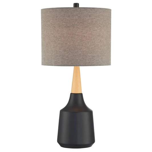 Genson Retro MCM Black Ceramic & Birch Wood Table Lamp with Linen Drum Shade