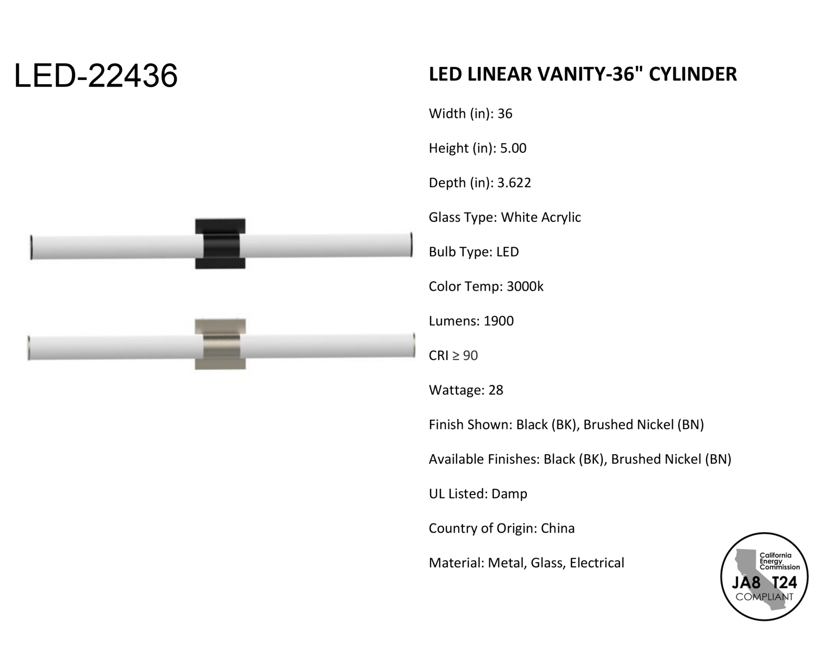 Ackerman 36" LED Linear Cylinder Vanity Wall Sconce in Satin Black or Brushed Nickel 