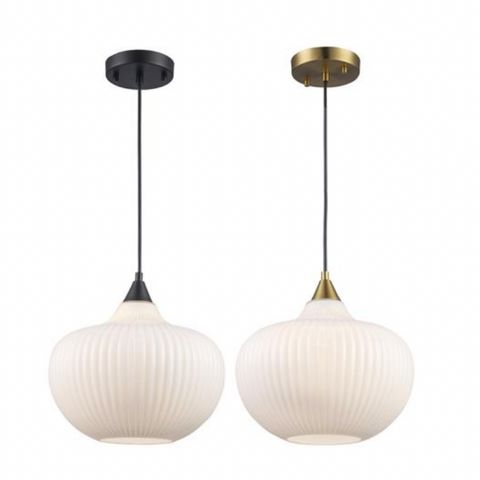Aristo Ribbed Glass Oval 1-Light Pendant Fixture in Modern Brass or Satin Black
