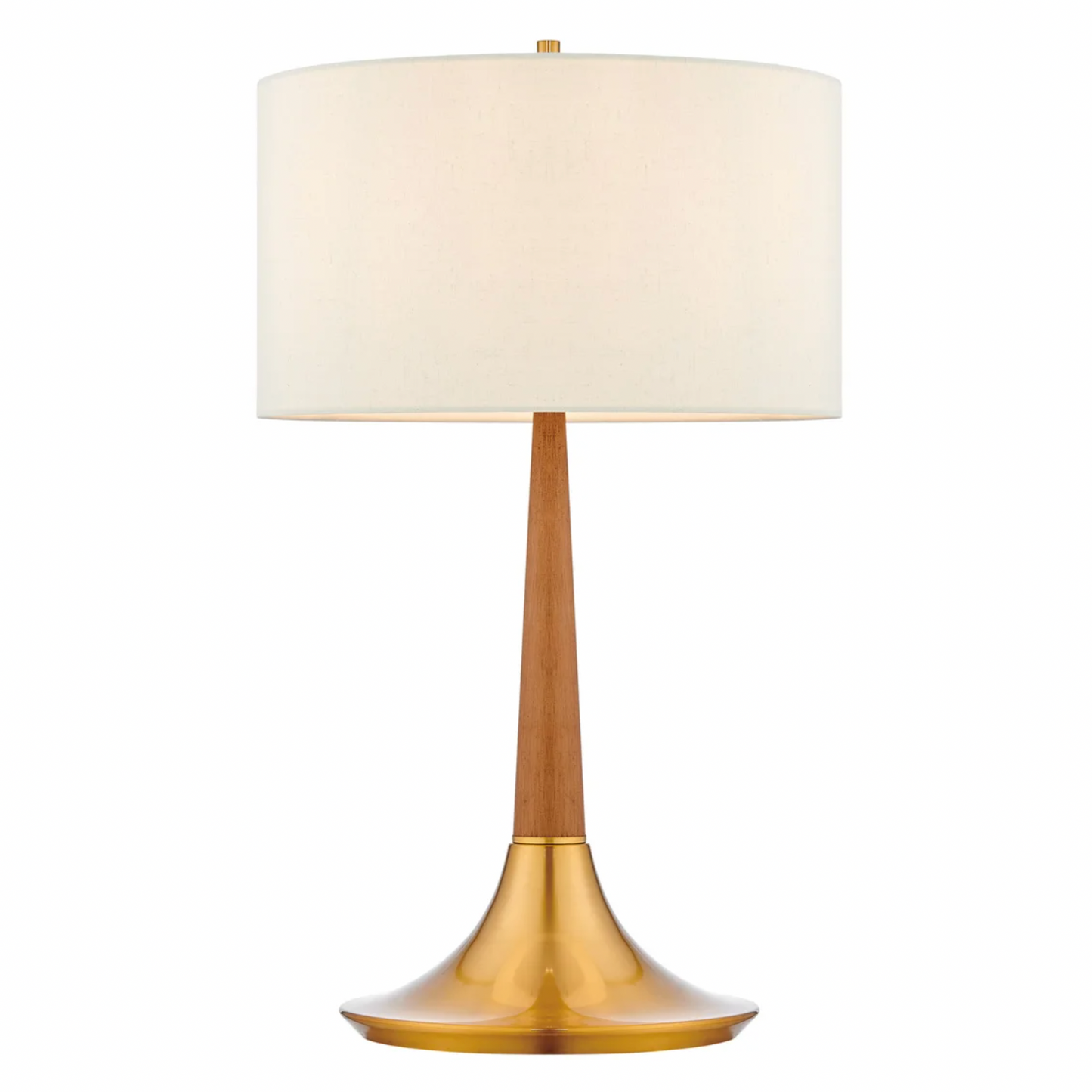Portillo Retro MCM Brass & Birch Wood Laurel Table Lamp with Linen Drum Shade
